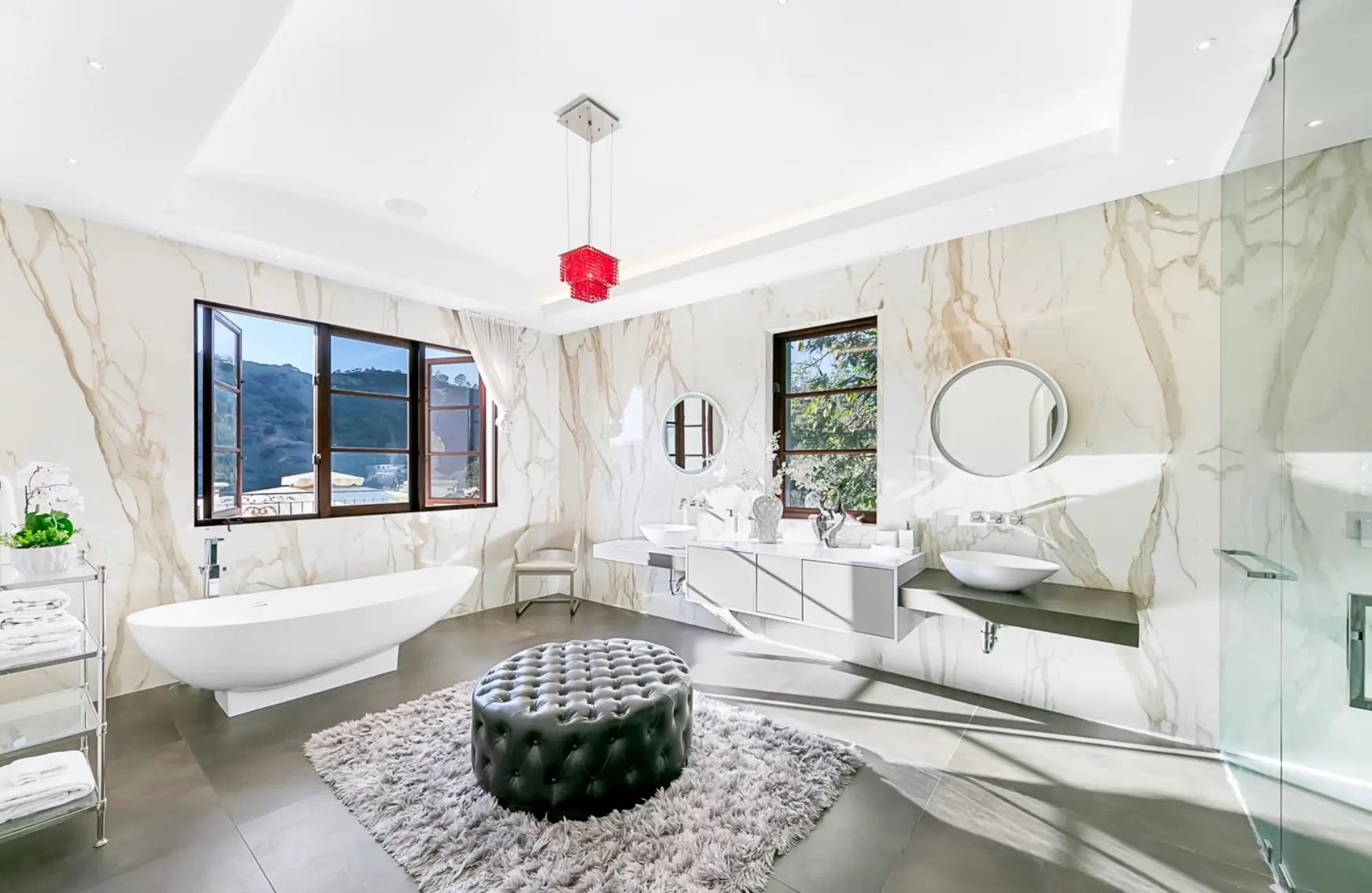 Luxury Spa Bathroom Suite at Los Angeles Mental Health Retreat Elegant spa-style bathroom with freestanding tub and marble walls at a Los Angeles luxury mental health and wellness retreat