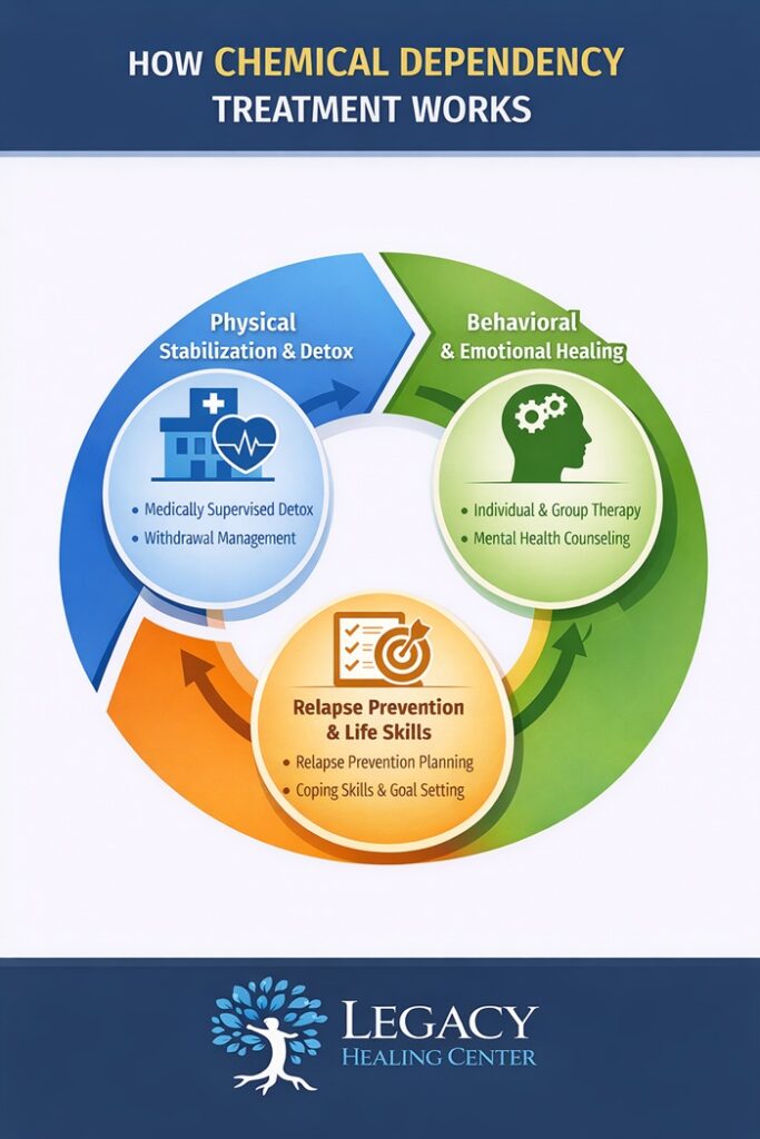 Infographic showing the three key steps of chemical dependency treatment: Physical Stabilization & Detox, Behavioral & Emotional Healing, and Relapse Prevention & Life Skills, with a patient-centered approach.