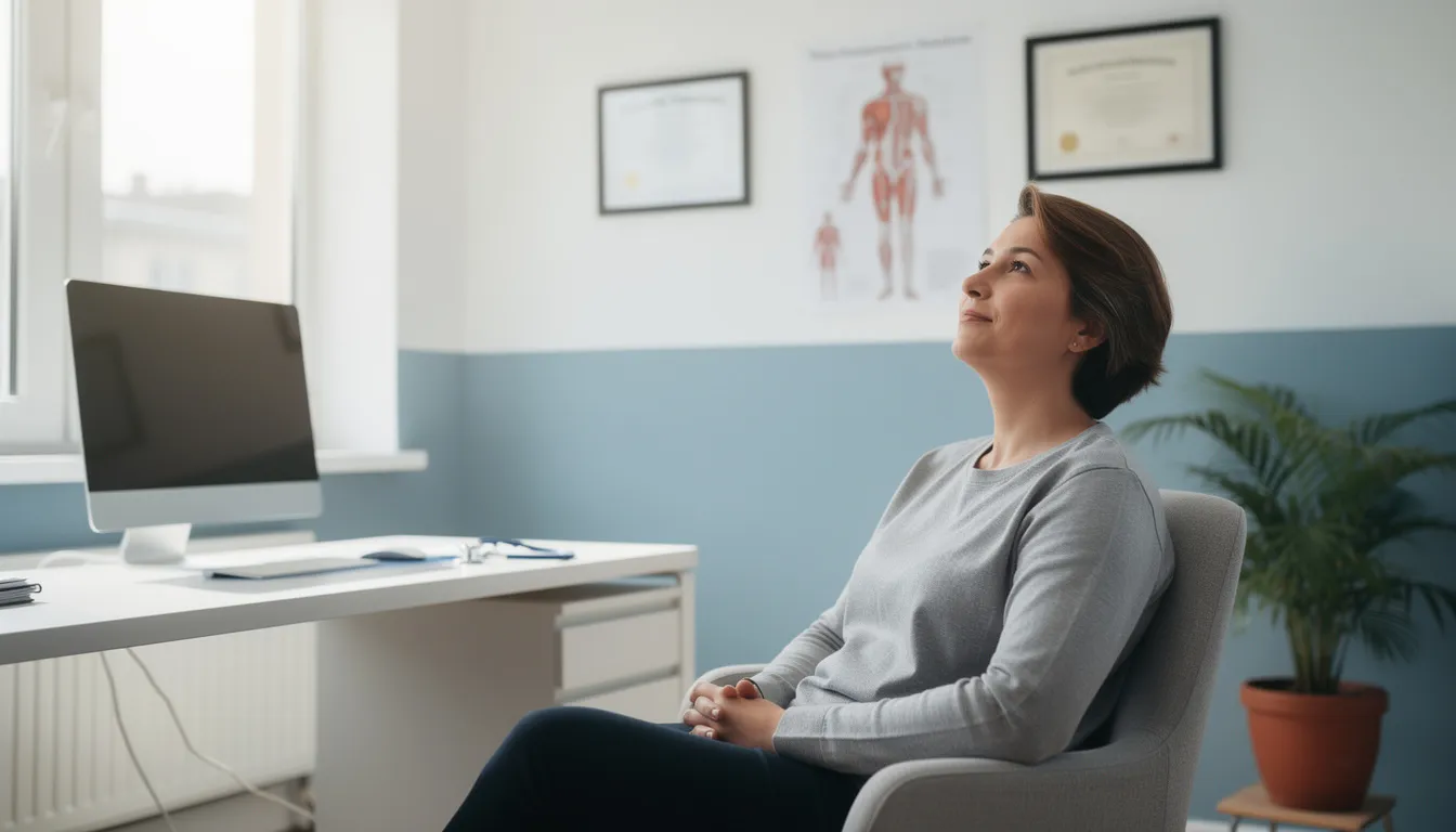 Professional Guidance for Alcoholism Treatment The image depicts a person sitting calmly in a doctor's office, exuding a sense of hope as they engage in a conversation about their alcohol treatment options. This setting emphasizes the importance of seeking help for alcohol use disorder and the supportive role of healthcare providers in the recovery process.