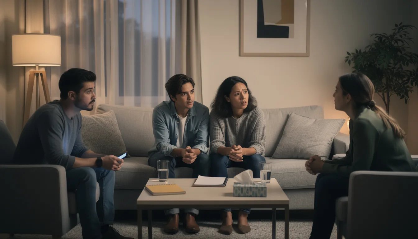 A small group of people is seated in a cozy living room, engaged in a serious discussion about substance use and addiction treatment options. Their expressions reflect concern and support as they explore ways to help a loved one seek treatment for drug or alcohol addiction.