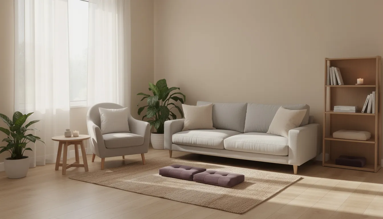 The image depicts a serene meditation and therapy room bathed in natural light, featuring comfortable seating that invites relaxation and reflection. This tranquil space is ideal for mental health services, offering a supportive environment for individuals dealing with substance abuse or opioid dependence.