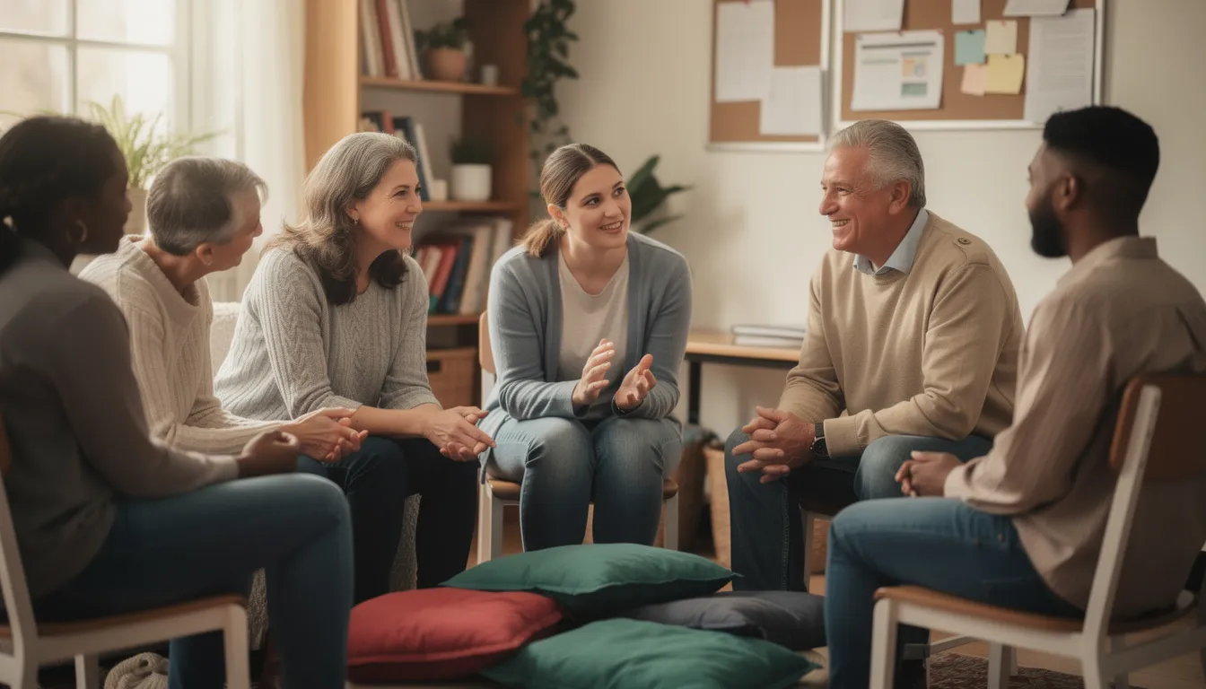 Emotional Support While Getting Help for Alcoholism The image depicts a group of individuals sitting together in a supportive circle, actively engaged in conversation as they share their experiences related to alcohol use disorder and recovery. This scene emphasizes the importance of support groups and group therapy in managing alcohol problems and fostering a positive environment for those on their recovery journey.