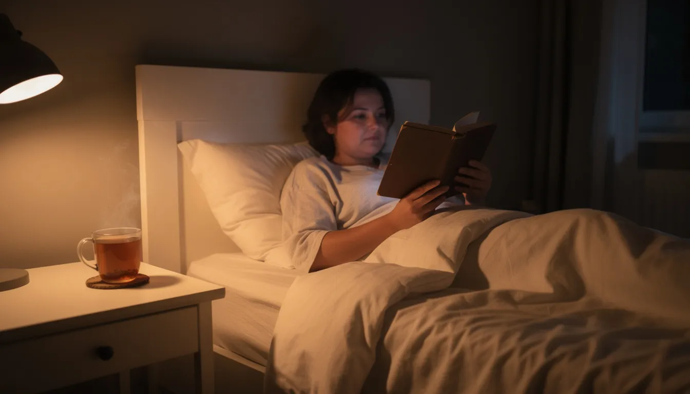 Planning Ahead for Holiday Stress in Recovery A person is comfortably reading a book in bed, surrounded by dim lighting that promotes relaxation, with a cup of herbal tea nearby. This scene reflects healthy ways to cope with stress and emphasizes the importance of self-care in maintaining mental well-being during recovery.