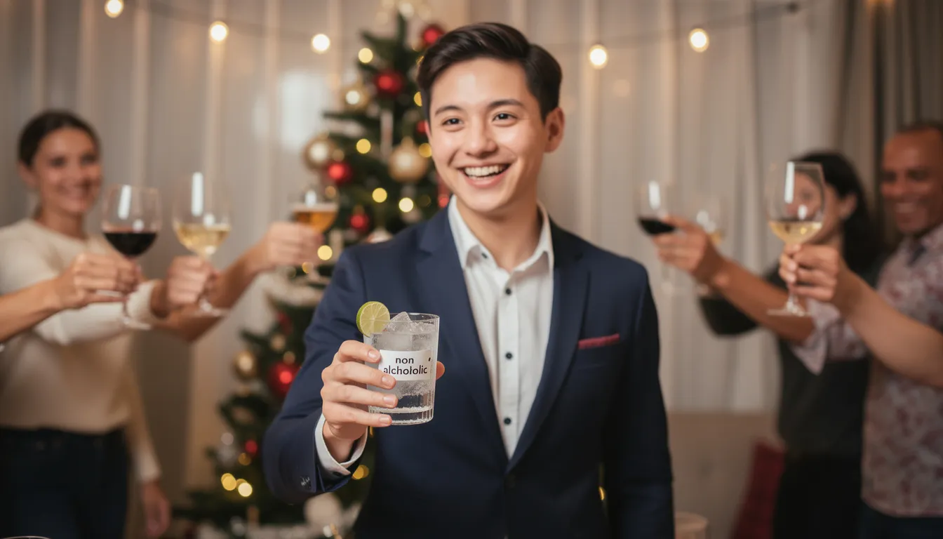 Holiday Stress Management in Recovery Through Mindfulness A person at a holiday party is holding a non-alcoholic drink, smiling as others toast with wine, showcasing a commitment to a substance-free life. This scene highlights the importance of managing stress effectively and maintaining mental well-being in social situations.