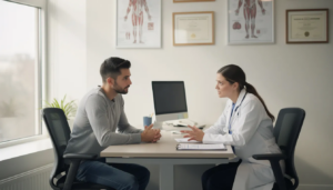 A person is engaged in a thoughtful conversation with a medical professional in a clinical office, discussing topics related to opioid addiction and the withdrawal process, including suboxone withdrawal symptoms and treatment options for substance use disorder. The setting conveys a supportive environment for addressing addiction treatment and recovery.