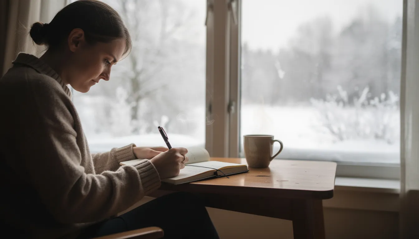 Self-Care Practices for Stress Management in Recovery A person sits by a window, journaling while surrounded by a serene winter landscape outside, emphasizing self-care and stress management techniques for emotional well-being in everyday life. This peaceful scene promotes relaxation and mindfulness, valuable tools in managing stress effectively during addiction recovery.