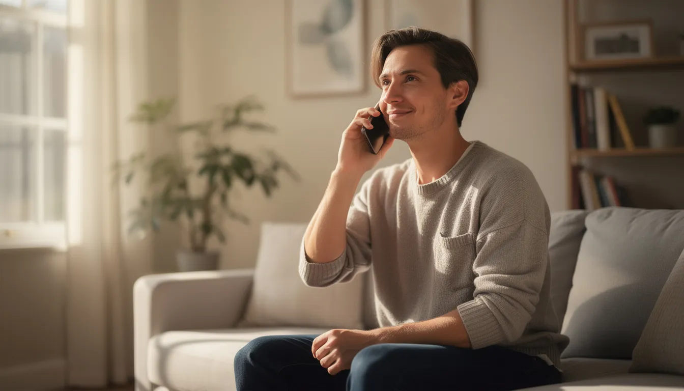 Confidential Recovery Consultation Call at Legacy Healing Center A thoughtful individual is speaking on the phone in a calm, well-lit home environment, exuding a sense of hope as they engage in a conversation about a five star recovery journey. This scene reflects the importance of support systems and individual counseling in the process of overcoming addiction and pursuing long-term recovery.