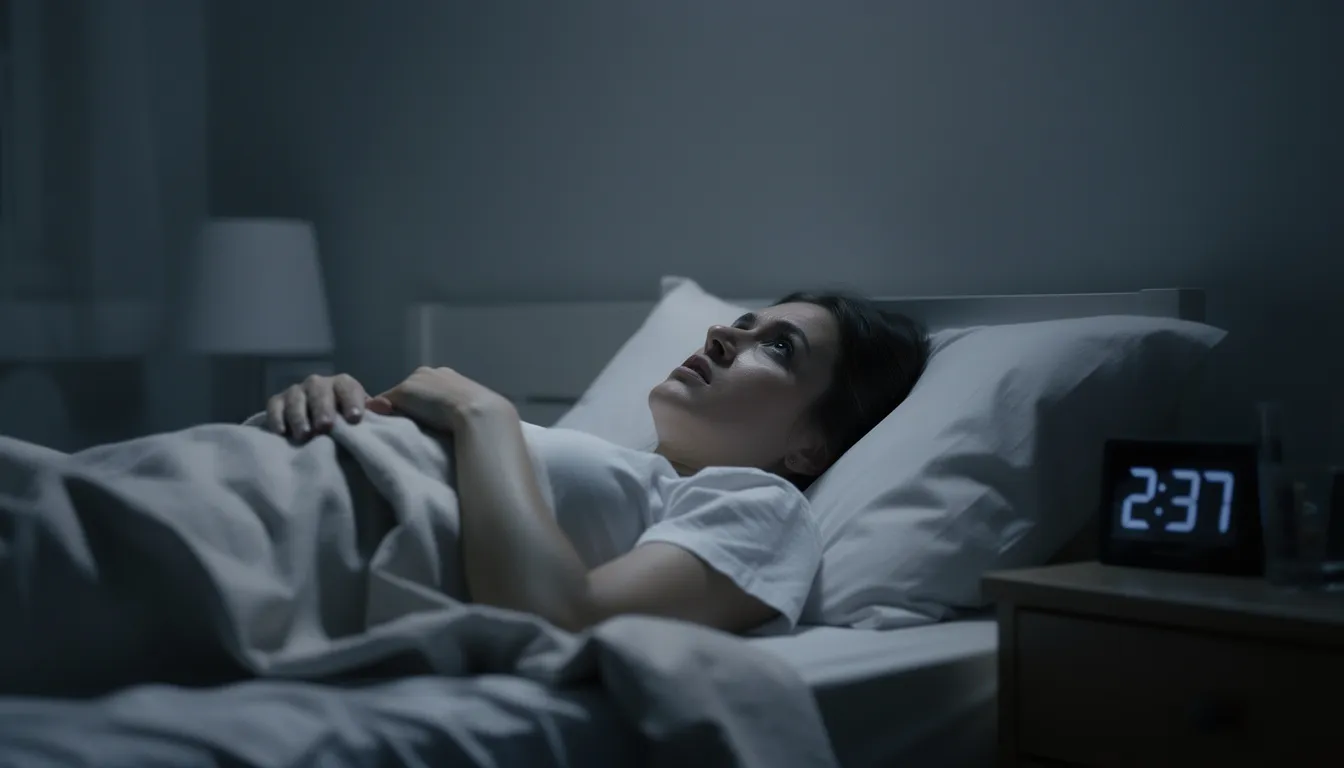 A person lies awake in bed at night, staring at the ceiling with a look of visible exhaustion, reflecting the struggles of sleep disorders such as insomnia and sleep disturbances. The scene captures the difficulty of maintaining sleep and the toll it takes on sleep quality and overall well-being.
