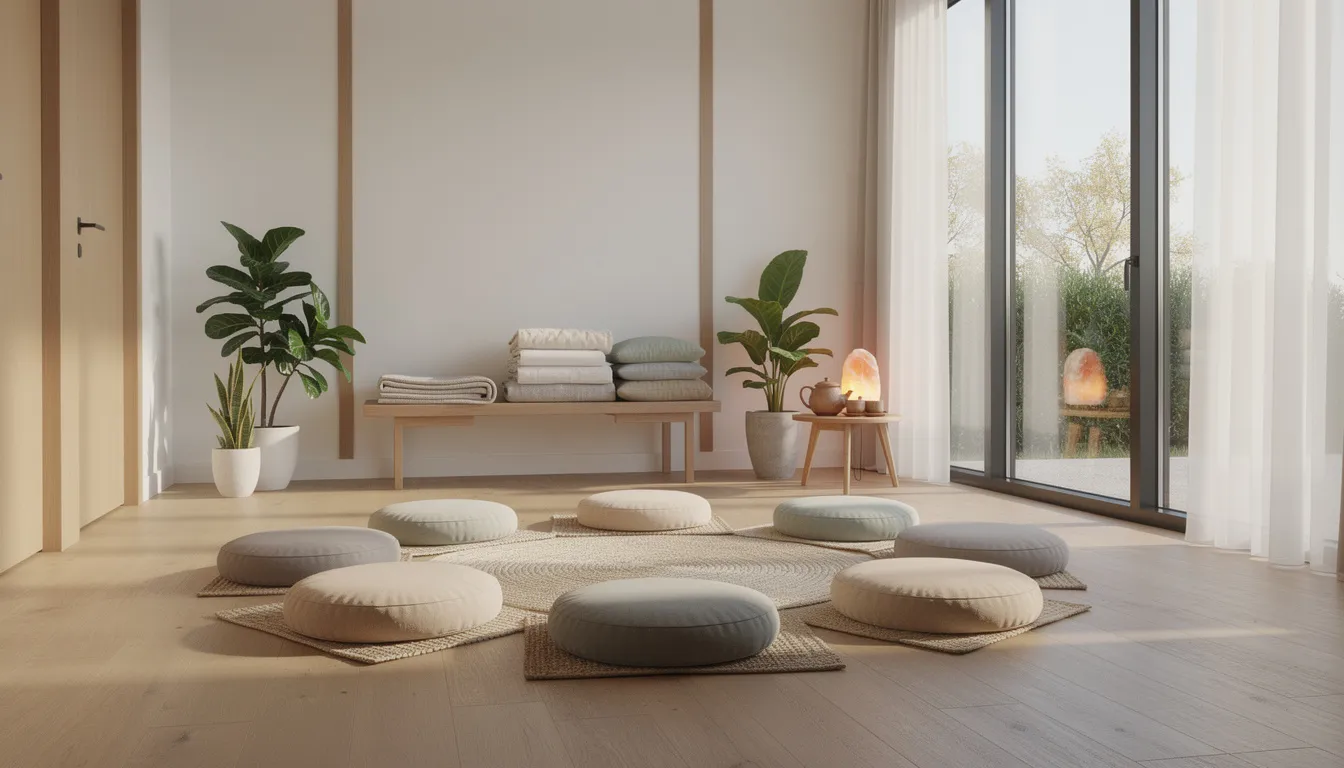 The image depicts a serene meditation space within a luxury treatment centers for codependency, featuring soft cushions arranged on a wooden floor, illuminated by warm natural light filtering through large windows. This tranquil environment is designed to promote emotional well-being and support individuals on their recovery journey from codependency and unhealthy relationships.