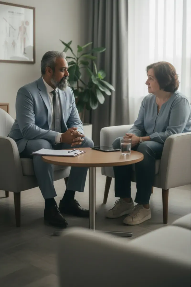 medical professional engages in a supportive conversation with a patient A compassionate medical professional (Dr. Ash Bhatt) engages in a supportive conversation with a patient in a comfortable office setting, emphasizing the importance of luxury inpatient rehab vs. acute care services in the patient's recovery process after an illness or injury. The interaction highlights the role of healthcare providers in helping patients regain their functional abilities and transition effectively to luxury inpatient rehab facilities.