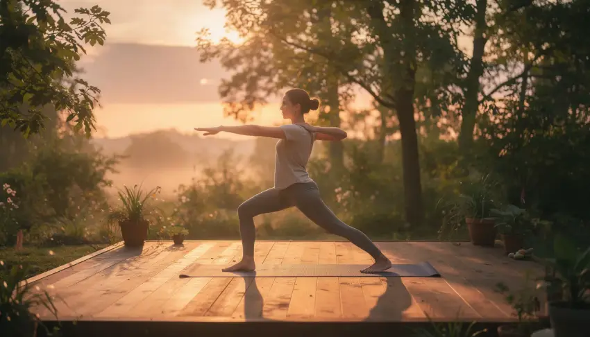 luxury addiction, mental health and wellness retreat. A person is practicing a yoga pose on an outdoor deck, surrounded by lush greenery and bathed in the soft light of sunrise, embodying the essence of a peaceful wellness retreat focused on holistic well-being and mindfulness. The serene environment promotes relaxation and stress relief, ideal for anyone seeking a luxury addiction, mental health and wellness retreat.