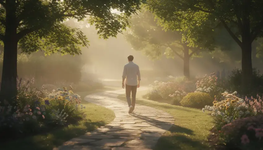 the journey of patients recovering in inpatient rehabilitation facilities The image depicts a person walking along a serene garden path at sunrise, symbolizing hope and new beginnings. This scene evokes the journey of patients recovering in inpatient rehabilitation facilities, where they regain their functional abilities through rehabilitation therapy and skilled nursing care.