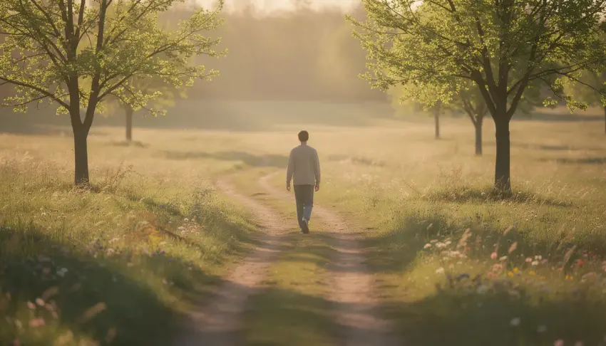 Walking the Path Toward Recovery and Lasting Healing A person is walking alone on a serene path, surrounded by lush greenery, symbolizing a fresh start and the journey of recovery from addiction. This peaceful scene reflects the hope and support found in addiction treatment programs and the importance of a supportive environment in the recovery process.