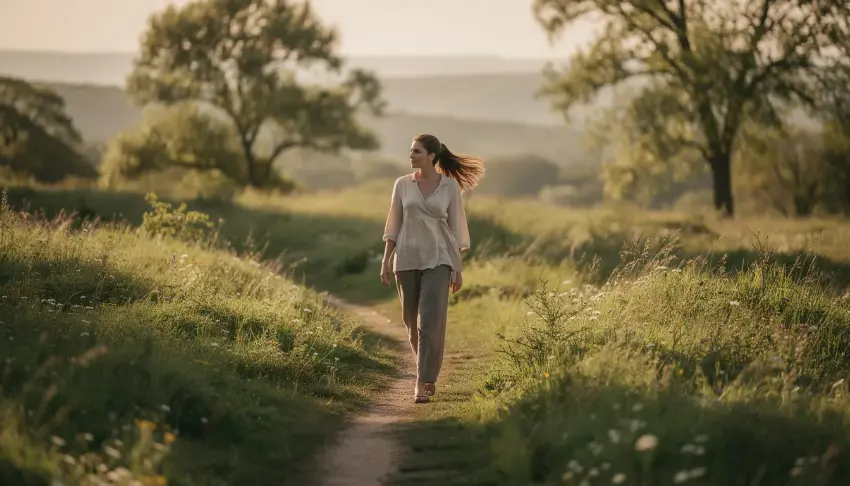 Finding Peace and Healing Through Trauma Therapy A person is walking peacefully through a serene natural outdoor setting, surrounded by trees and greenery, symbolizing a healing journey from traumatic experiences. This tranquil scene reflects the importance of mental health and the therapeutic benefits of nature in coping with trauma-related symptoms.