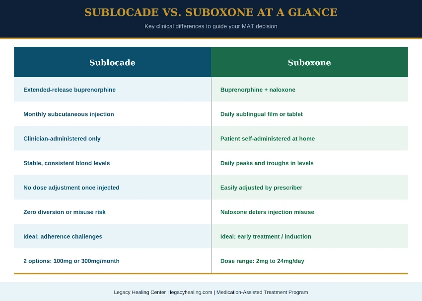 Comparison table of Sublocade vs Suboxone clinical differences, including dosage, administration methods, and medication-assisted treatment (MAT) benefits.