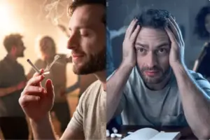 Man smoking marijuana socially contrasted with stressed individual showing anxiety and mental health struggles