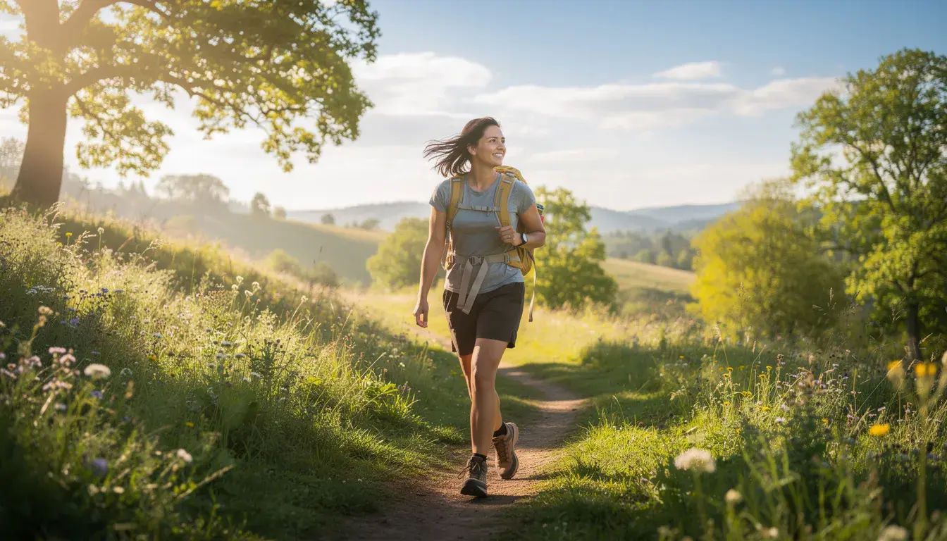Hope and Healing in Alcoholism Recovery A person is hiking in a lush green landscape on a sunny morning, exuding a sense of peace and health. Engaging in nature can be a great way to manage stress and support recovery from alcohol use disorder and other mental health issues.